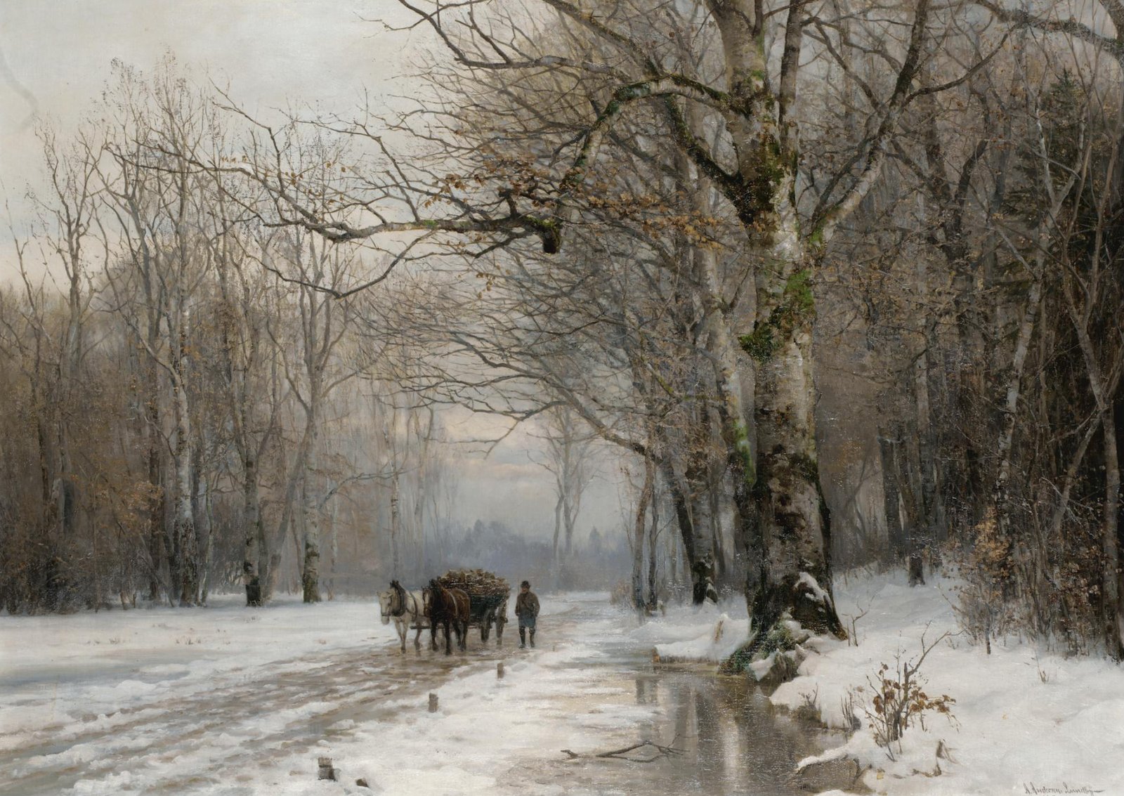 Paisagem de inverno com carruagem puxada por cavalos
