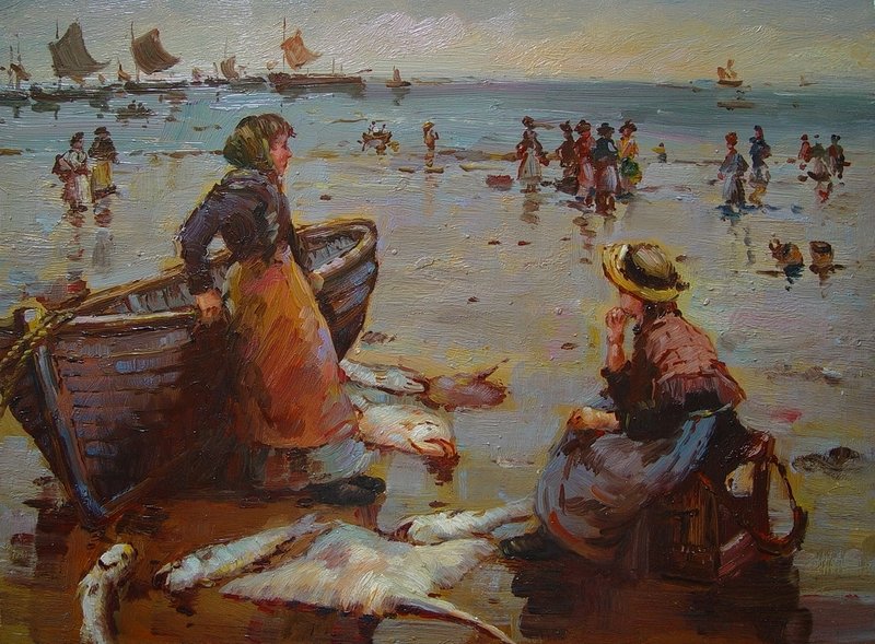 Uma venda de peixes em uma praia da Cornualha